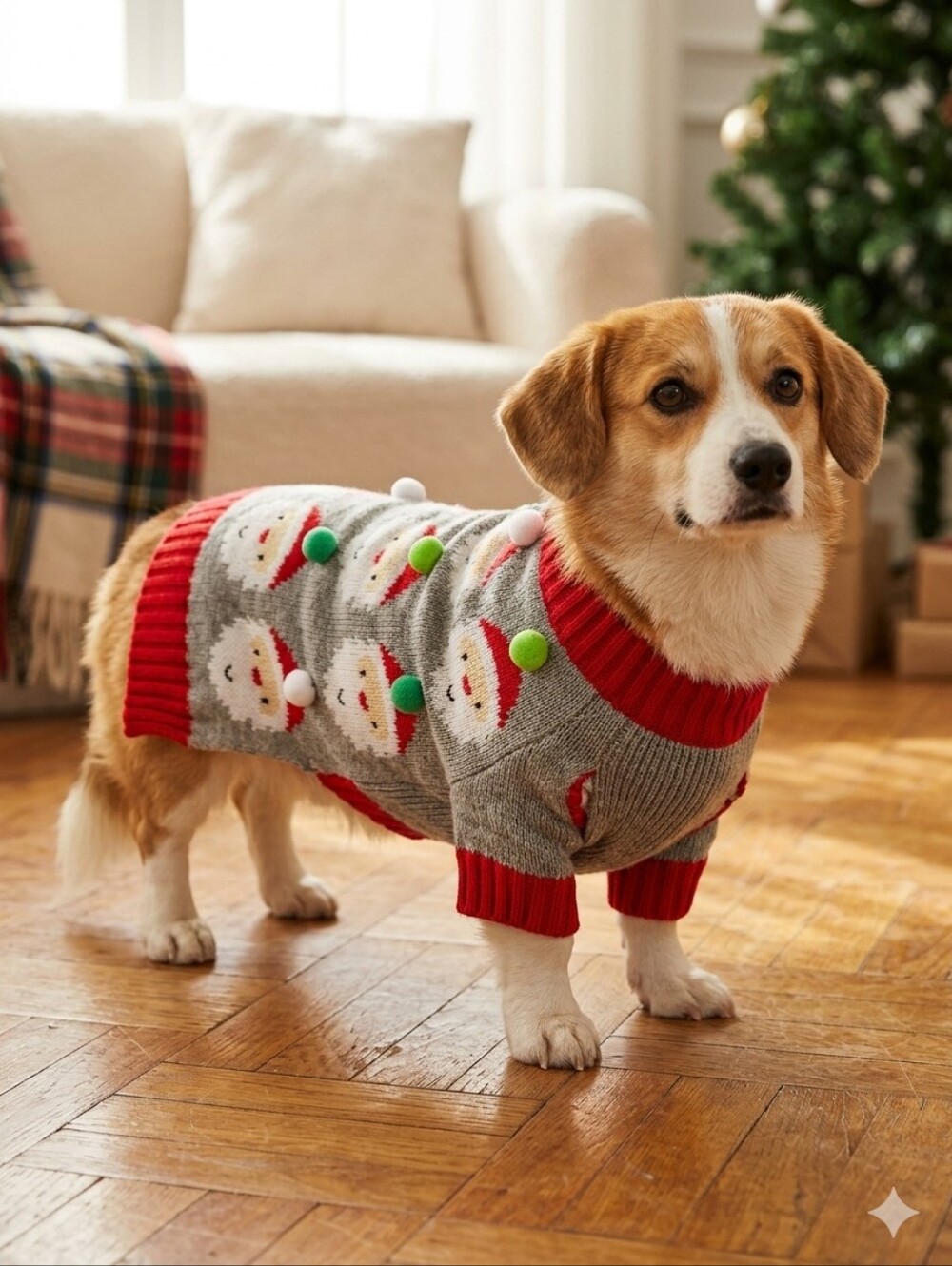 Festive Santa Holiday Dog Sweater - Gray/Red -Good Condition